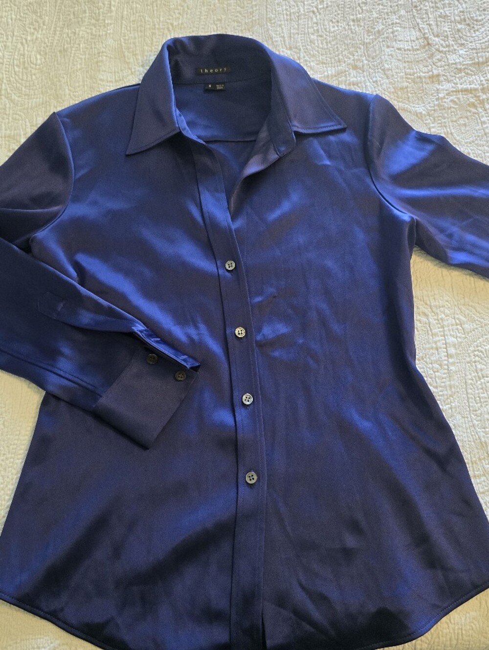 Theory Womens Dark Navy Satin Office Button Up